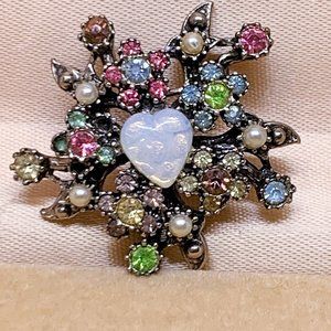 Coro Opaline Heart Brooch, Earrings, Rhinestones, Faux Pearl, Vintage